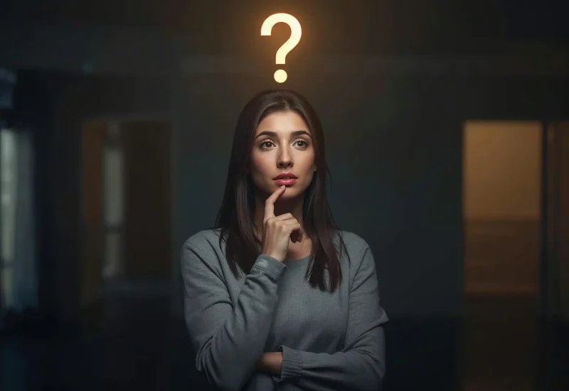 A thoughtful young woman standing indoors with a glowing question mark above her head, soft lighting, contemplative mood, semi-realistic style. A thoughtful young woman standing indoors with a glowing question mark above her head, soft lighting, contemplative mood, semi-realistic style.